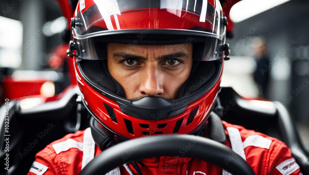 Focused Formula 1 Driver in Cockpit Wearing Helmet Focused Formula 1 Driver in Cockpit Wearing Helmet