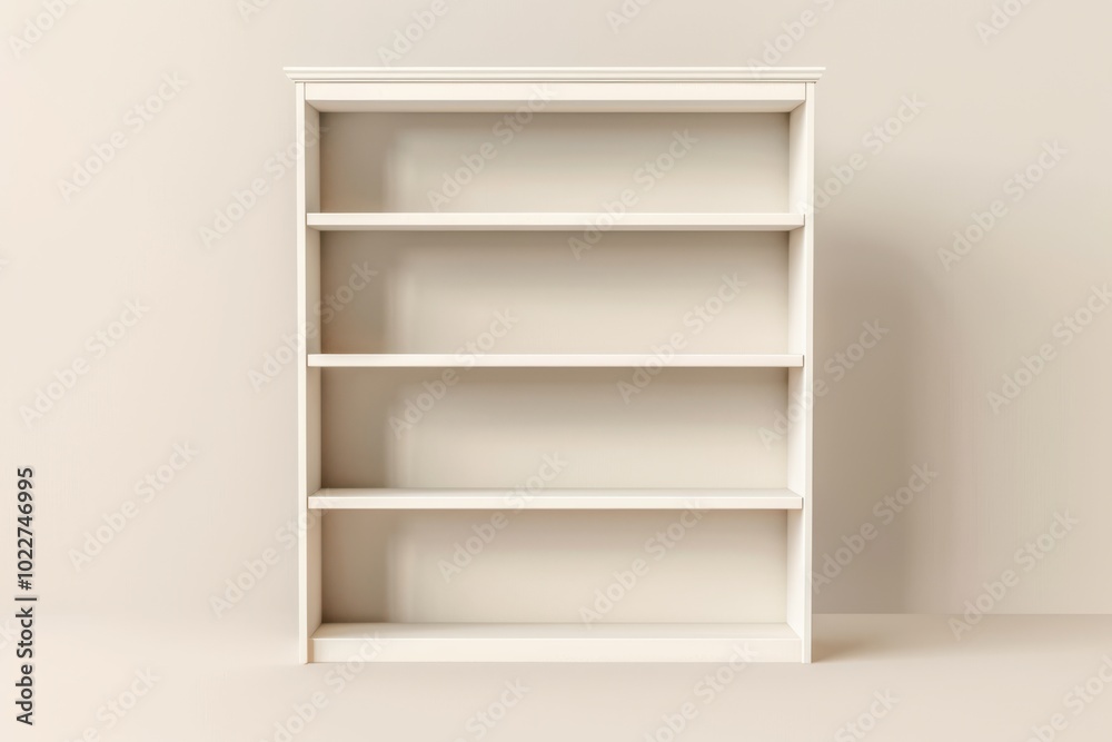 White wooden bookshelf with five shelves displaying a minimalist design, set against a neutral backdrop White wooden bookshelf with five shelves displaying a minimalist design, set against a neutral backdrop
