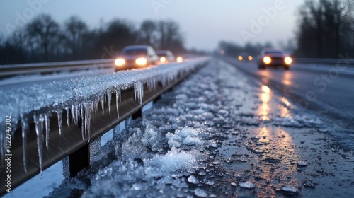Black ice forming on a bridge during the early morning hours, making the road slick and treacherous for drivers as temperatures plummet