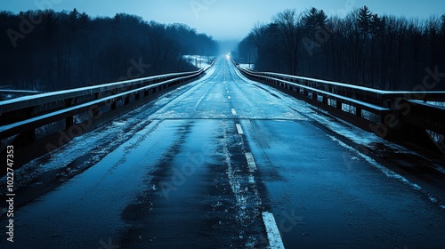 Black ice forming on a bridge during the early morning hours, making the road slick and treacherous for drivers as temperatures plummet