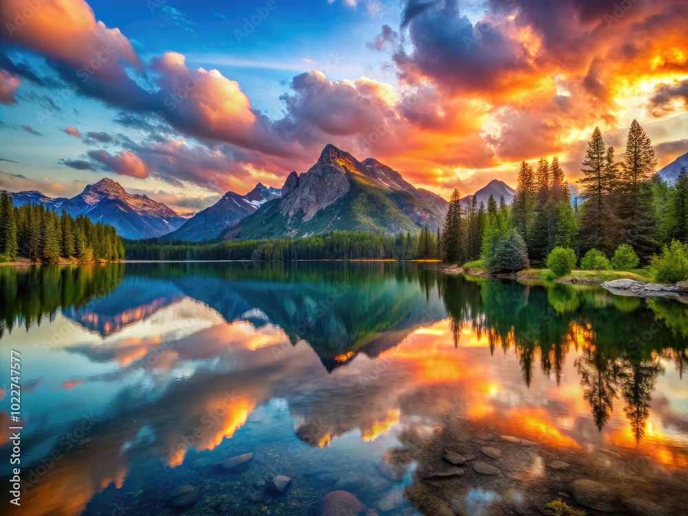 Serene Mountain Landscape at Sunset with Vibrant Colors Reflected in Calm Lake Water 4K Image