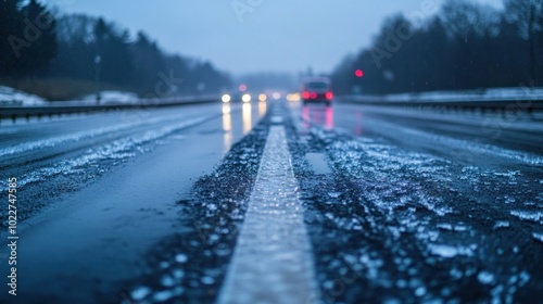Black ice forming on a highway after freezing rain, making driving conditions extremely dangerous in the early morning hours