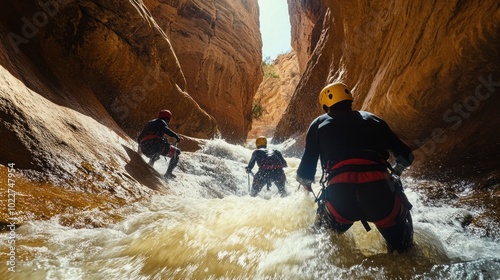 Canyoneers rappelling down waterfalls and scrambling through rocky canyons in a high-energy canyoning adventure photo