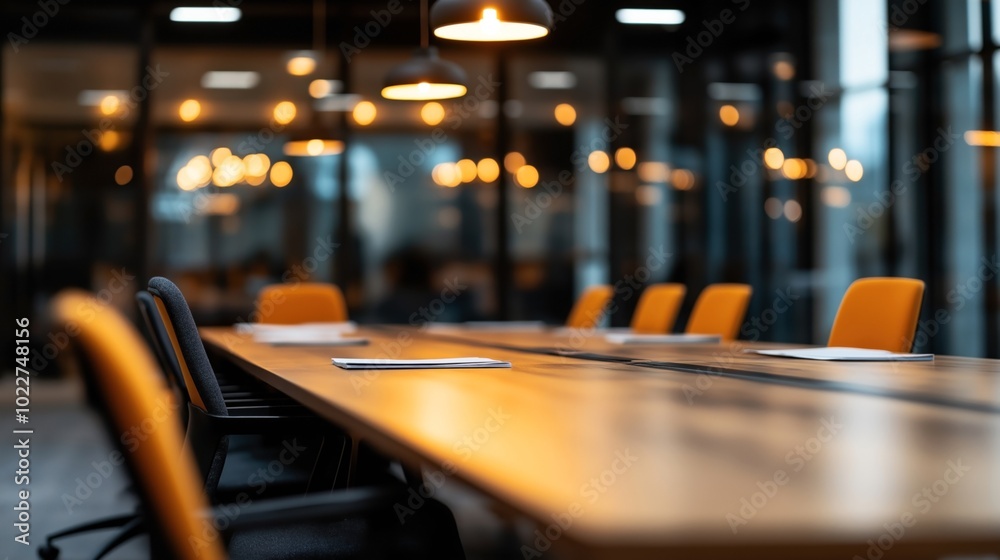 Modern conference room with empty chairs around a large wooden table, illuminated by hanging pendant lights, creating a professional and inviting atmosphere. Modern conference room with empty chairs around a large wooden table, illuminated by hanging pendant lights, creating a professional and inviting atmosphere.