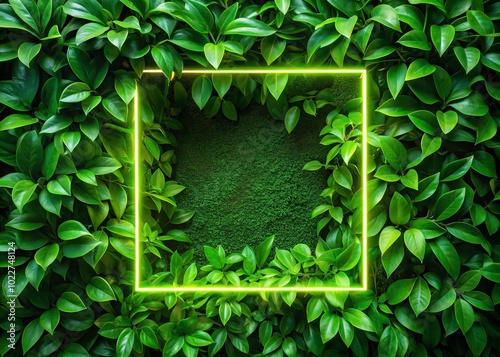 Neon Glow in a Green Oasis - Captivating Portrait Photography of a Neon Square Surrounded by Lush Leaves