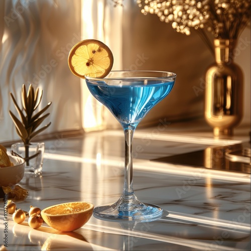 A blue cocktail in an elegant footed glass, placed on the marble countertop of a modern kitchen with golden light and shadows. photo