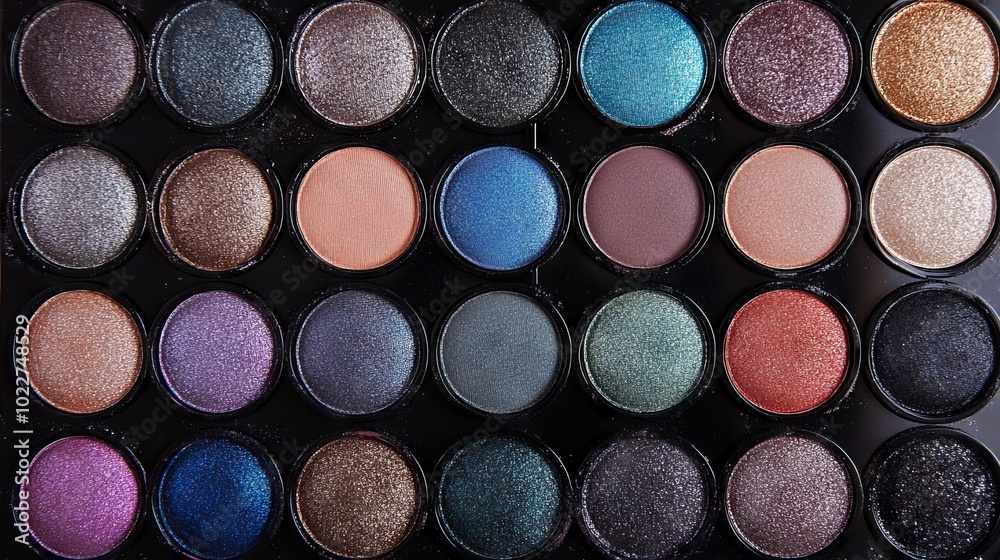 A stunning eyeshadow palette, seen from above. It's perfect for creating professional makeup looks. A stunning eyeshadow palette, seen from above. It's perfect for creating professional makeup looks.