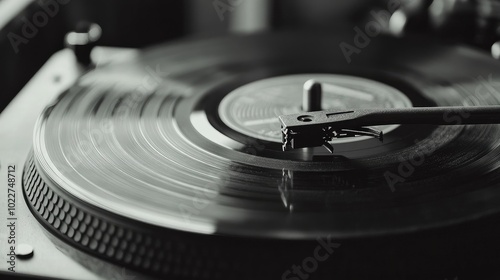 Black-and-white close-up of a vintage vinyl record spinning on a turntable, with the needle gently touching the grooves.