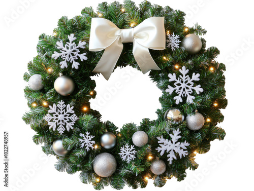 Elegant christmas wreath with lights and decorations.