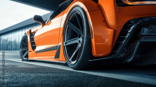 Low angle shot of a modified orange sports car with black rims and an aerodynamic body kit,