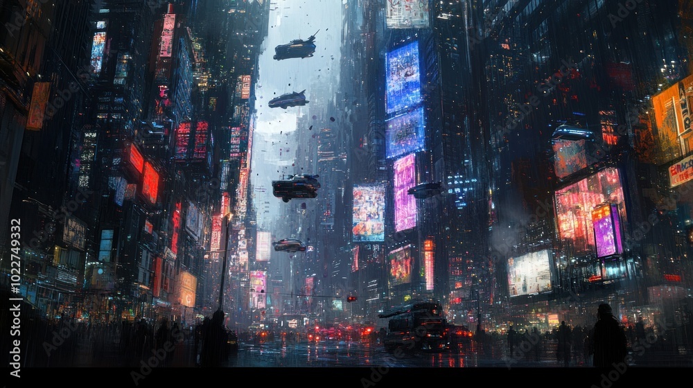Obraz premium Futuristic cityscape with flying vehicles and vibrant advertisements in a bustling urban setting.