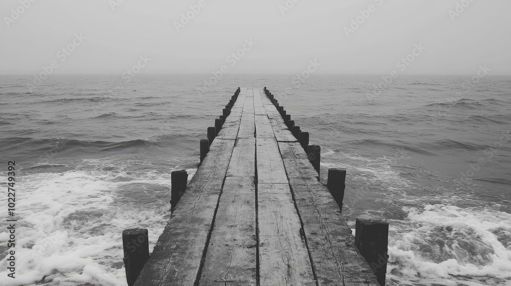 Obraz premium Black-and-white image of a deserted pier stretching into the ocean, with waves gently lapping against the wooden beams.
