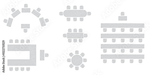 Wedding seating plan element. Conference banquet seminar classroom interior, conference hall and seminar room interior design. Vector top view of arrangement of banquet furniture seats illustration