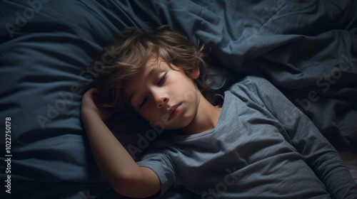 A young boy peacefully asleep in comfy bedding, the serene ambiance seeped in soft shadows creates an image of innocence and tranquility.