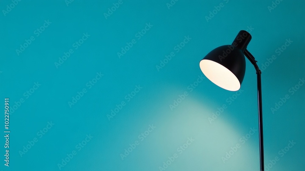 Simple black desk lamp illuminating a blue wall with a focused light, highlighting a minimalist and modern design. Simple black desk lamp illuminating a blue wall with a focused light, highlighting a minimalist and modern design.
