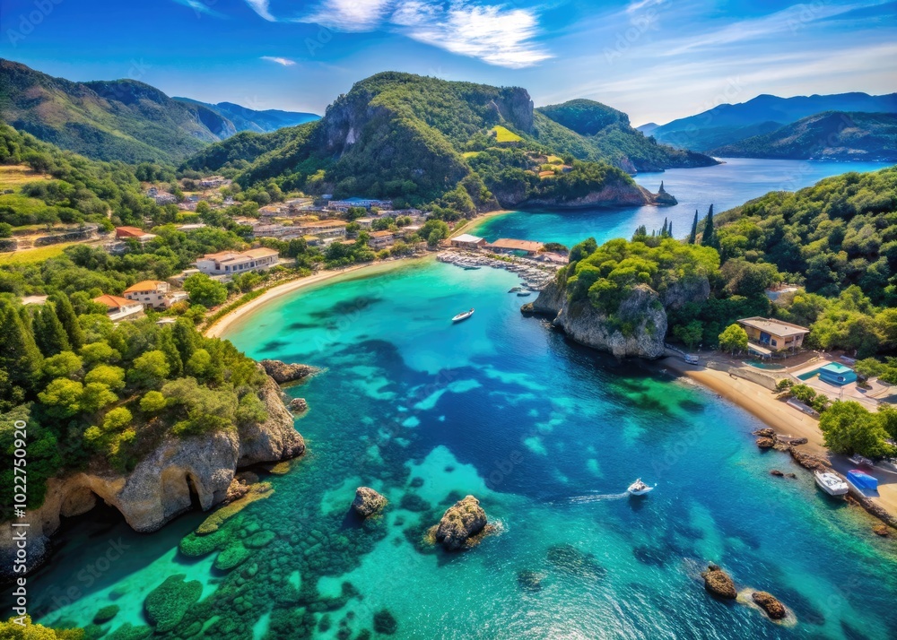 Serene Paleokastritsa Beach with Crystal Clear Waters and Lush Greenery on a Sunny Summer Day Serene Paleokastritsa Beach with Crystal Clear Waters and Lush Greenery on a Sunny Summer Day