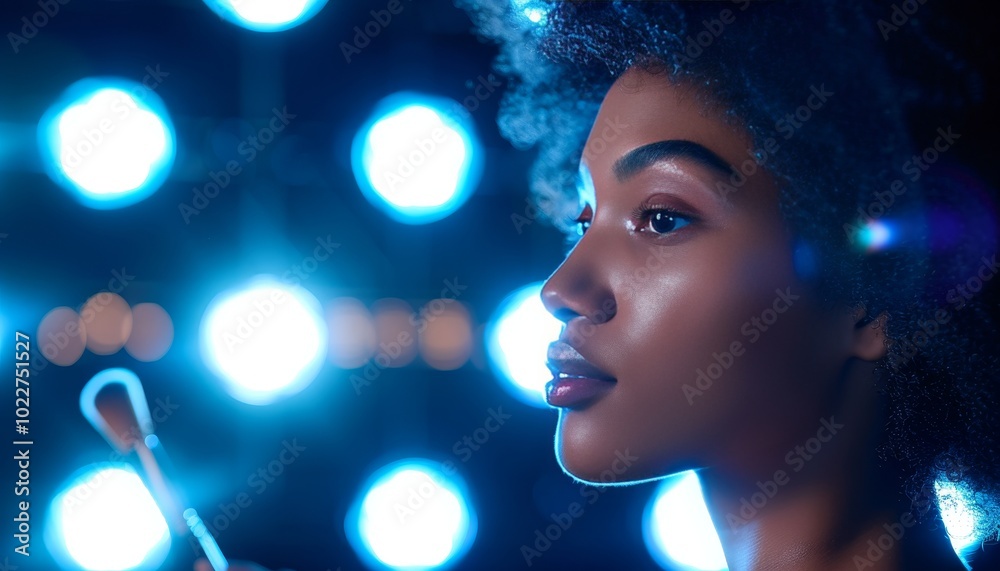 Makeup artist skillfully applies cosmetics to a client in a brightly lit studio environment