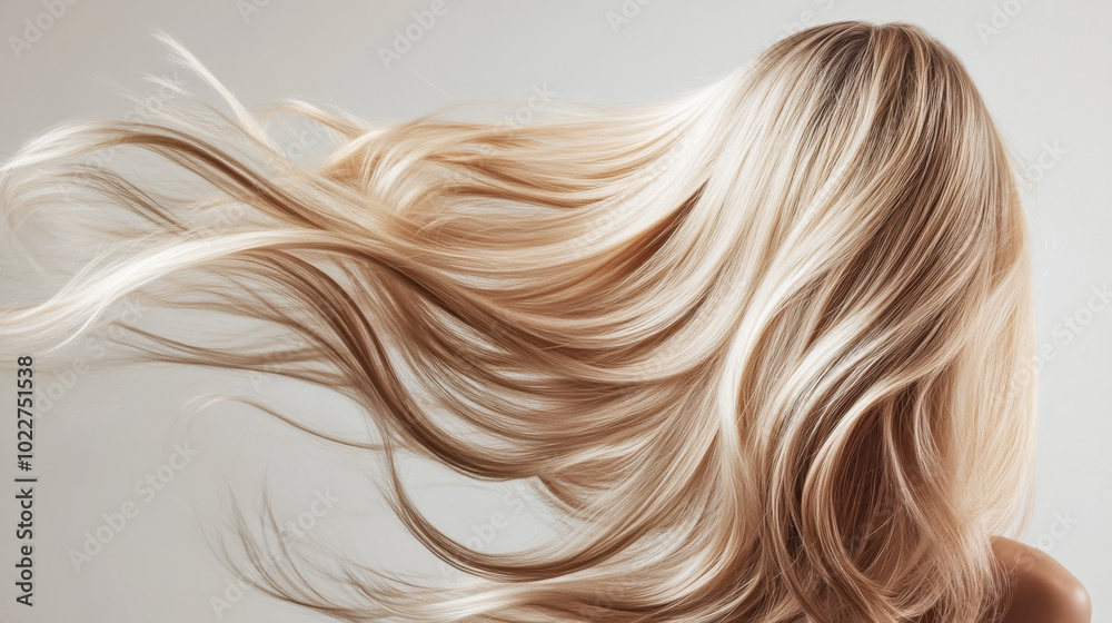 Blonde hair flowing gracefully against a soft neutral background showcasing movement and texture during a calm indoor setting