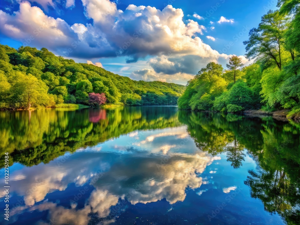 Fototapeta premium Serene Reflections at a New York Reservoir Surrounded by Lush Greenery and Tranquil Waterscape
