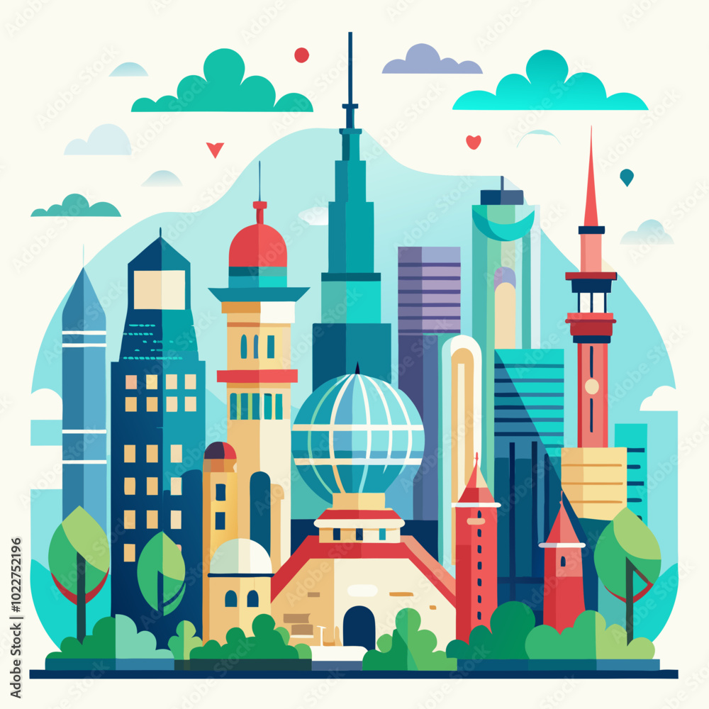 A series of cityscapes with flat design, highlighting famous landmarks and city skylines in a minimalistic style A series of cityscapes with flat design, highlighting famous landmarks and city skylines in a minimalistic style