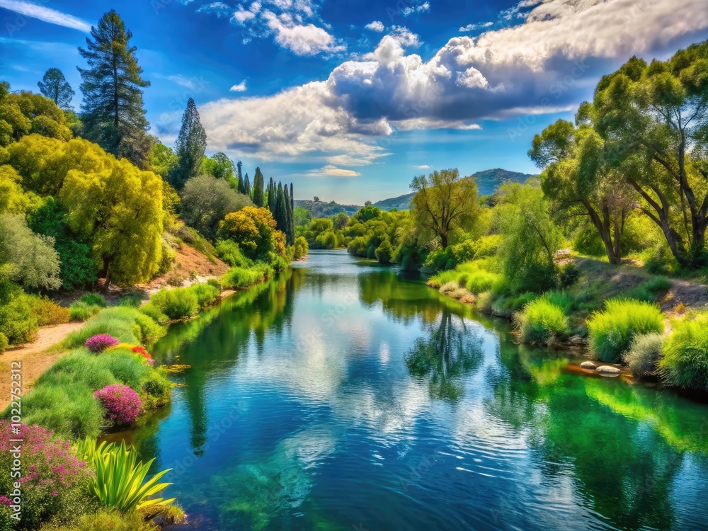 Serene Riverside California Landscape Featuring Lush Greenery and Tranquil Waters Under Bright Sky