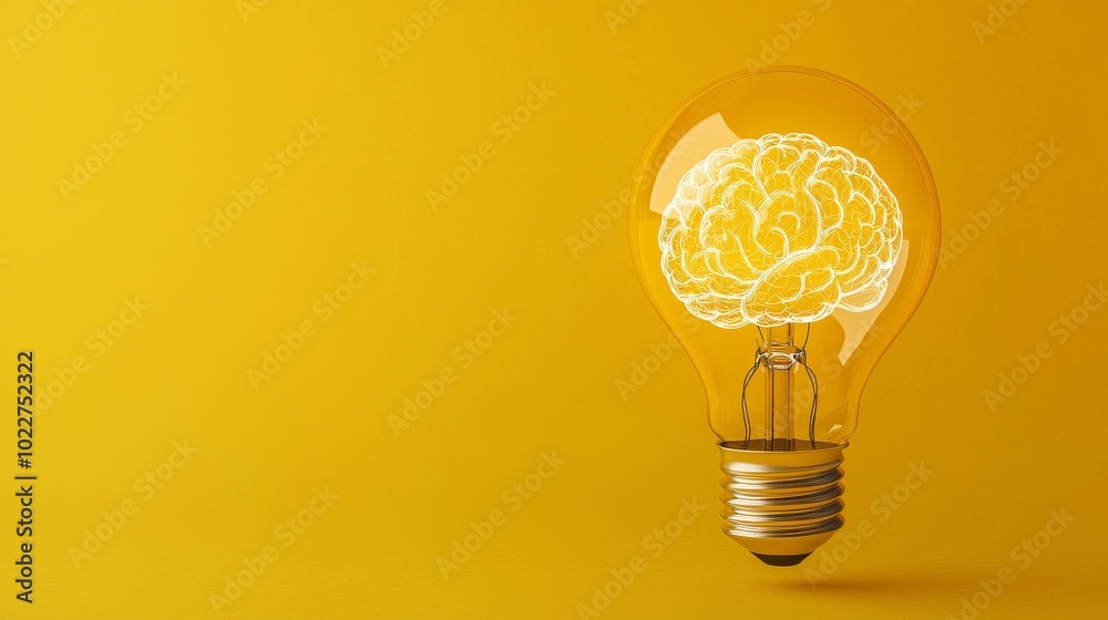 Close-up of a glowing light bulb with a detailed brain inside, floating against a bright yellow backdrop, symbolizing creative thinking. Close-up of a glowing light bulb with a detailed brain inside, floating against a bright yellow backdrop, symbolizing creative thinking.