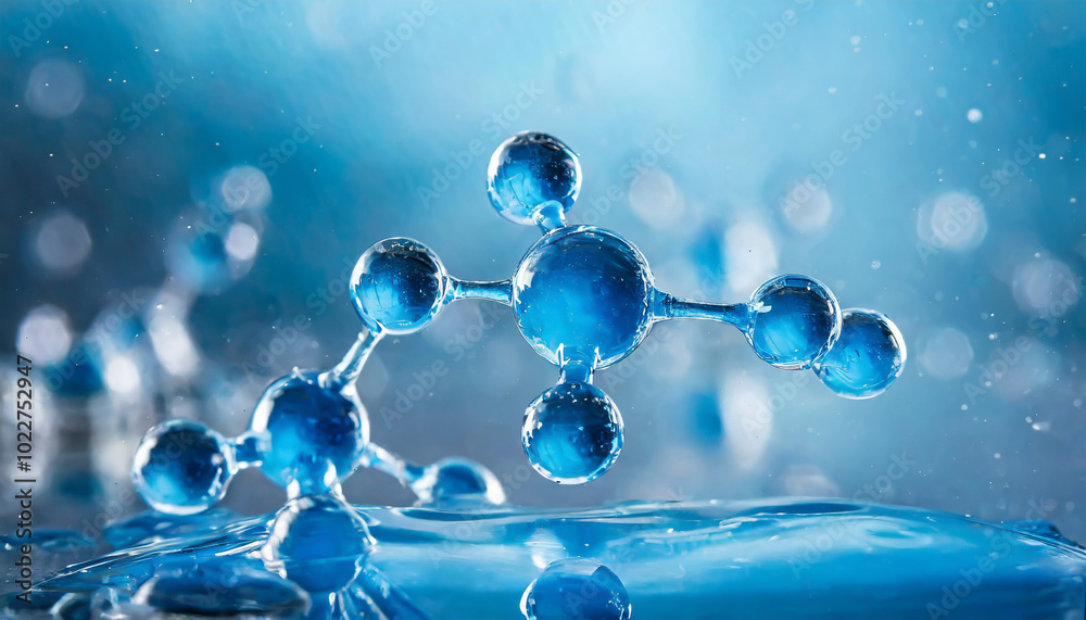 Molecular structure of water with droplets floating above a blue background in a laboratory setting Molecular structure of water with droplets floating above a blue background in a laboratory setting