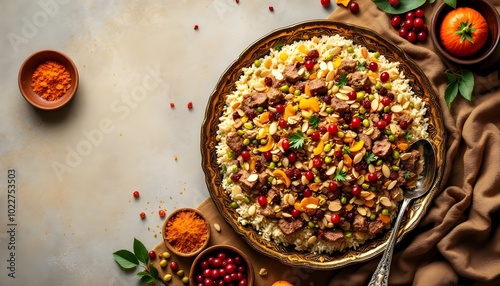 Traditional Khoresht-e Gheymeh Nesar Garnished with Dried Fruits and Almonds (Persian Cuisine) photo