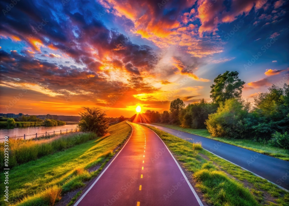 Serene Sunrise Over Cycling Path with Vibrant Colors and Calm Atmosphere for Outdoor Enthusiasts Serene Sunrise Over Cycling Path with Vibrant Colors and Calm Atmosphere for Outdoor Enthusiasts