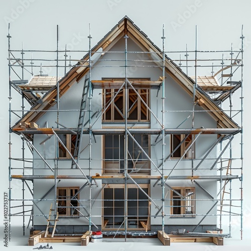 Scaffolding creating a house shape.