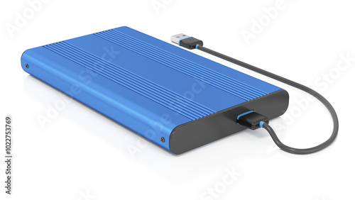 External storage unit with USB cable isolated on white background. 3D illustration