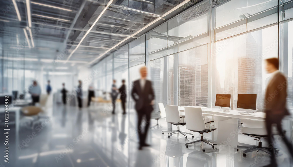 Modern office interior with professionals engaged in work amidst a bright city skyline on a sunny day Modern office interior with professionals engaged in work amidst a bright city skyline on a sunny day