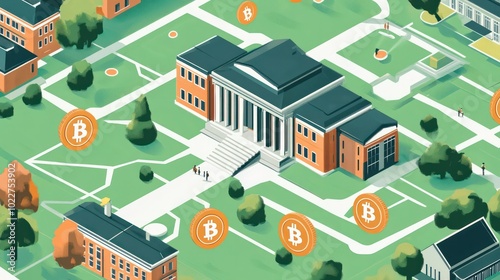 Universities adopting digital currencies illustrated as a step towards modernizing education, facilitating faster, more secure payments for students and staff, illustrations