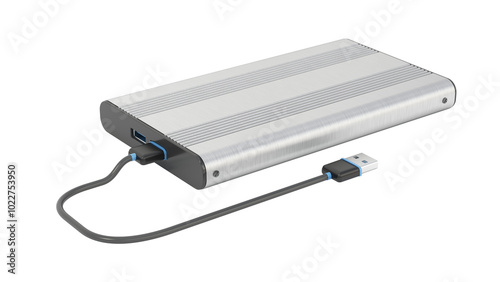 External storage unit with USB cable isolated on transparent background. 3D illustration