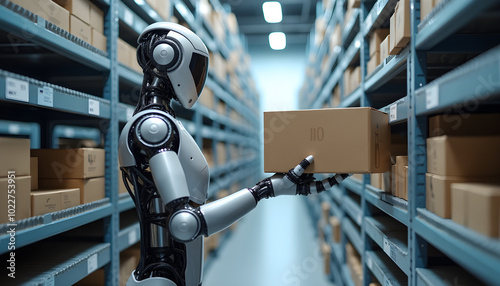 Humanoid robot retrieving a box from a shelf in a modern warehouse environment
