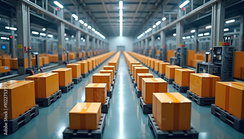 Row of orange packaged boxes on pallets in a modern distribution center