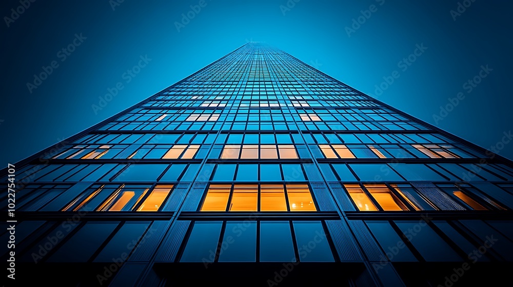 A low angle view of a skyscraper with windows lit up at night.