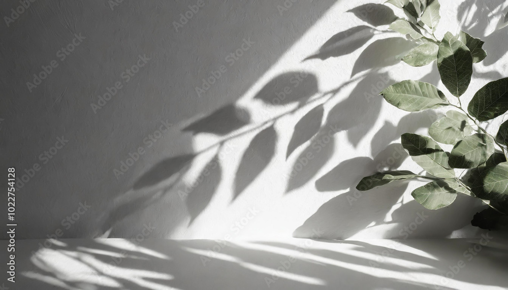 Delicate green leaves casting intricate shadows on a textured white wall in soft natural light during the afternoon Delicate green leaves casting intricate shadows on a textured white wall in soft natural light during the afternoon