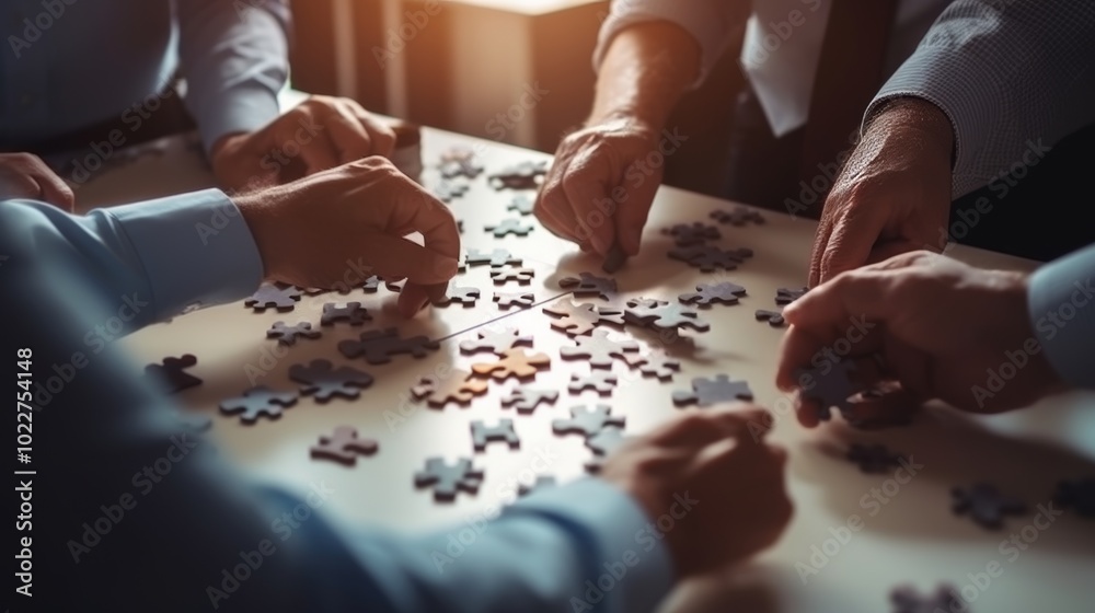 A group of people are working together to solve a jigsaw puzzle A group of people are working together to solve a jigsaw puzzle