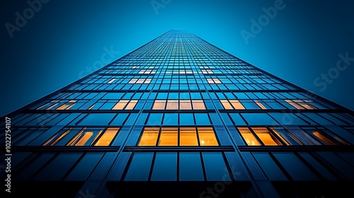 A low angle view of a skyscraper with windows lit up at night.