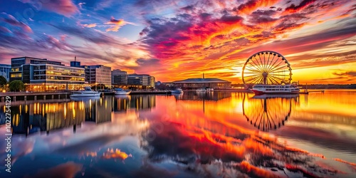 Serene Sunset Over National Harbor with Reflections on Water and Iconic Waterfront Architecture
