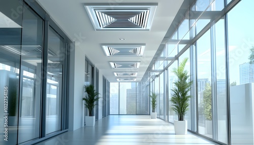 Modern Office Hallway with City View and Plants