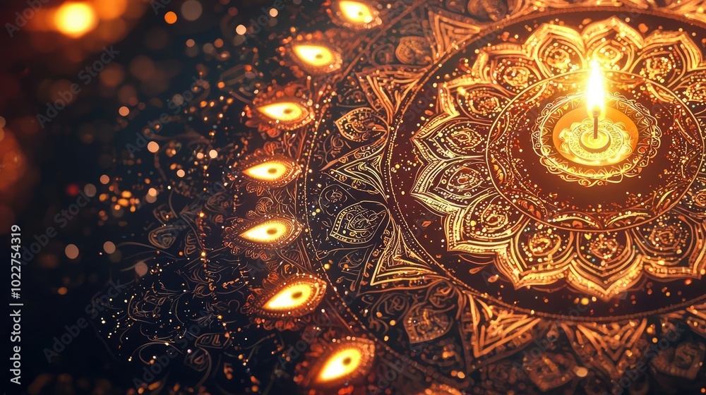 Intricate mandala design with glowing candles, creating a warm and inviting atmosphere, perfect for cultural celebrations. Intricate mandala design with glowing candles, creating a warm and inviting atmosphere, perfect for cultural celebrations.