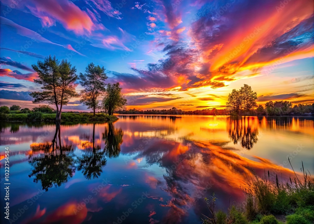 Serene Sunset Over Tranquil Lake with Reflections of Colorful Sky and Silhouetted Trees in Foreground Serene Sunset Over Tranquil Lake with Reflections of Colorful Sky and Silhouetted Trees in Foreground