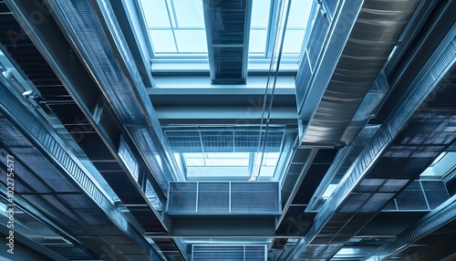 Abstract View of Industrial Steel and Metal Structures with Skylight