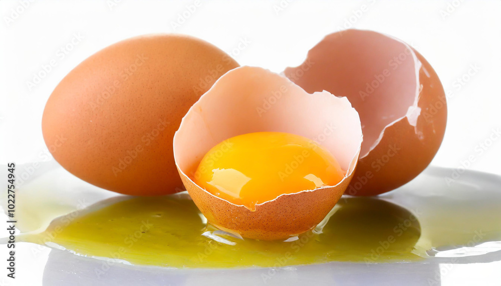 Fresh eggs cracked open with yolk exposed on a white background, showcasing the delicate shell and vibrant yellow center Fresh eggs cracked open with yolk exposed on a white background, showcasing the delicate shell and vibrant yellow center