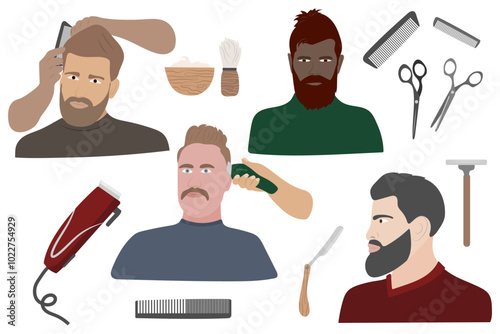 Barbering Tools and Hairstyles Illustration: Grooming, Shaving, and Haircut Set photo