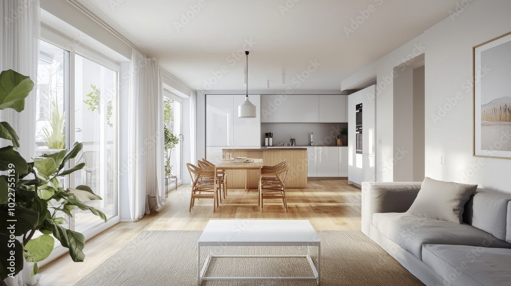Fototapeta premium Simple and elegant Scandinavian interior with clean lines, functional furniture, and warm textures for a relaxed, inviting atmosphere