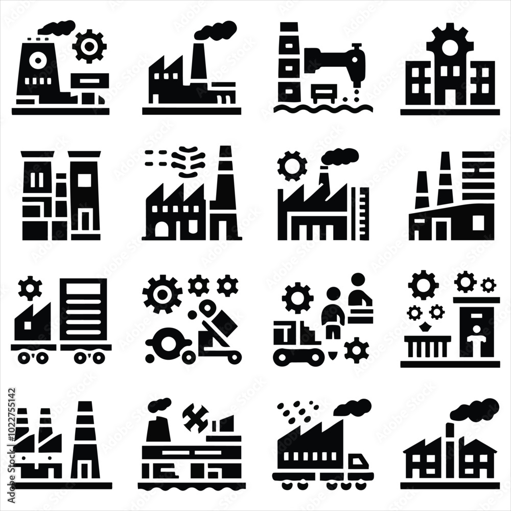 Industrial Factory Icons Collection Featuring Machinery and Buildings. Icons set