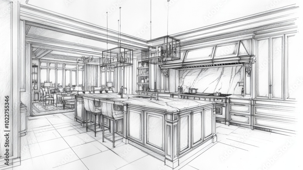 A beautiful hand-drawn sketch of an elegant and modern kitchen with white cabinets A beautiful hand-drawn sketch of an elegant and modern kitchen with white cabinets